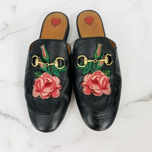 GUCCI Rose Embroidered Princetown Horsebit Designer Buckle Leather Mules 36.5